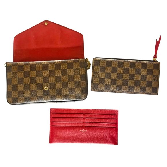 LOUIS VUITTON Damier Ebene Felicie Bag 3 Piece Red Pouchette Shoulder Full Set - Picture 2 of 16